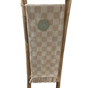 Bungalow Studio Linen Co. Tan Checkerboard Boho Throw Blanket - NWT